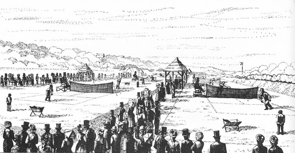 Contemporary engraving of the first Wimbledon Championships at Worple Road, London, in 1877. Note the higher net (5 ft). The clubhouse is located on the left (in a distance). Worple Road is on the left and on the right is the track of the London and Southampton Railways. The balls were kept in the "mangers" close to the players.