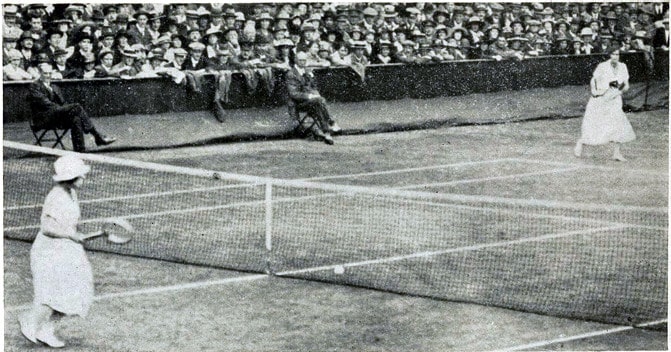 Wimbledon 1919, ladies, all-comers final. Suzanne Lenglen (left) against Phyllis Satterthwaite