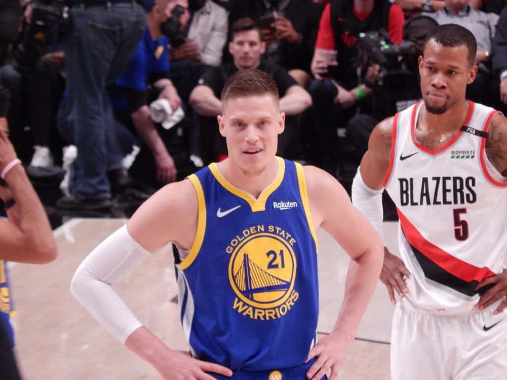 Warrior Jonas Jerebko and Portland Trail Blazer Rodney Hood at the 2019 NBA Playoffs - the last year before the NBA Play-In Tournament was implemented
