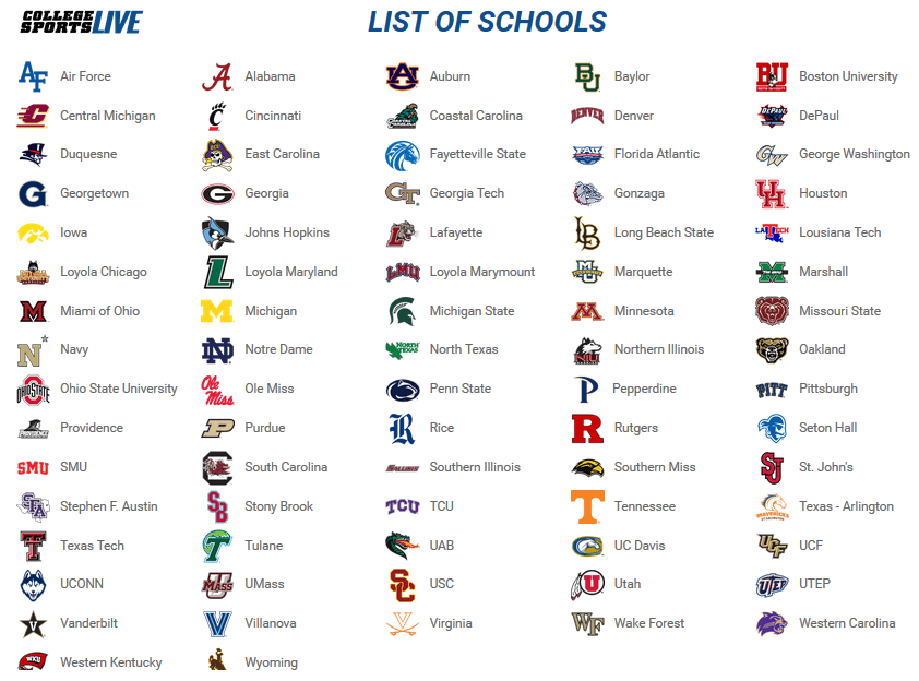 College Sports Live List of Schools