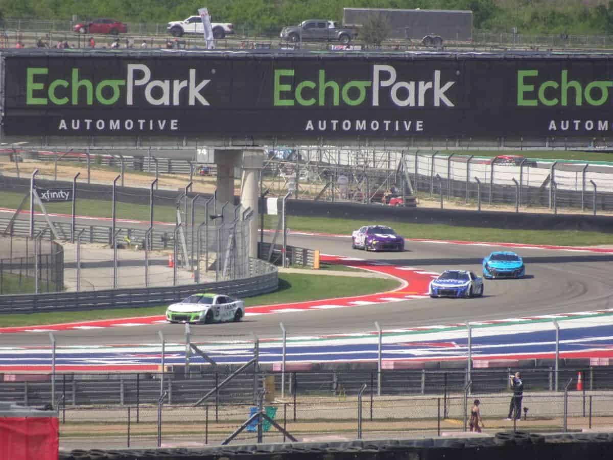 Turn 17 of the Circuit of the Americas (COTA) in Austin, Texas during the EchoPark Automotive Grand Prix 2023 race.