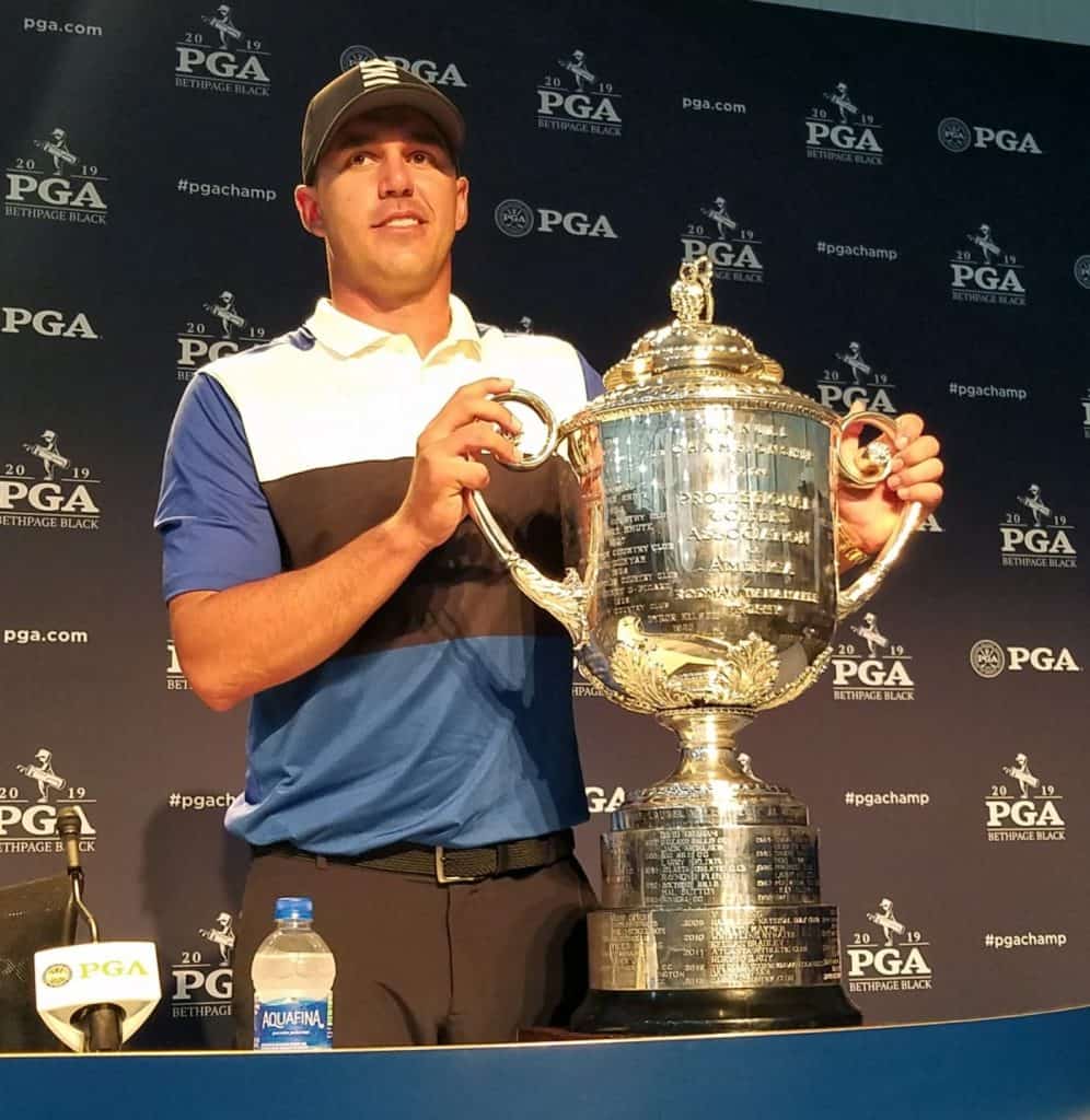 Brooks Koepka, winner of the 2019 PGA Championship, poses with the Wanamaker Trophy