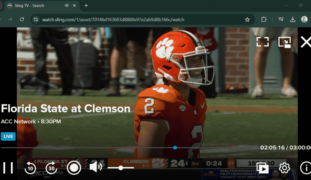 Screenshot of a Clemson Tigers game on ACCN via Sling TV 