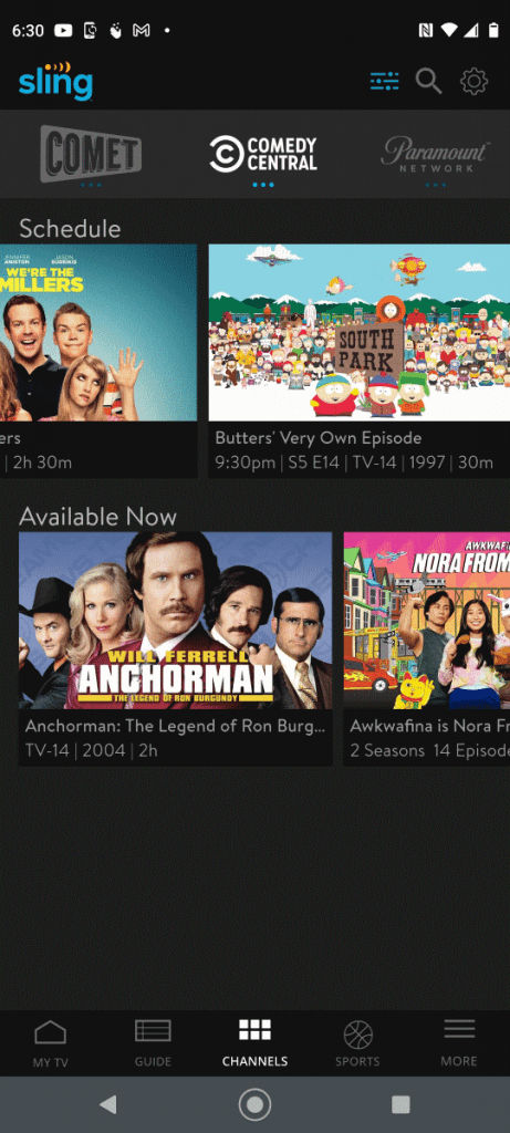 Sling TV on Android phone with Comedy Central