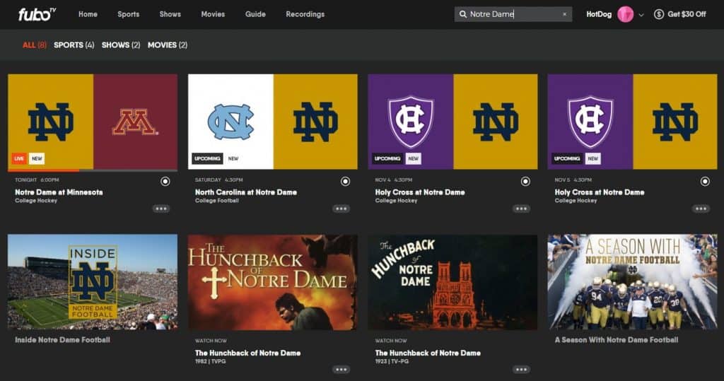 FuboTV Notre Dame Fighting Irish