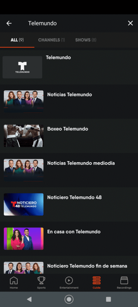FuboTV running on Android with Telemundo choices