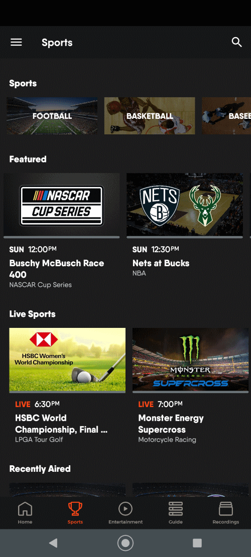 Sports on FuboTV Android App