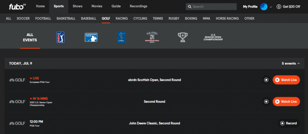 FuboTV Golf