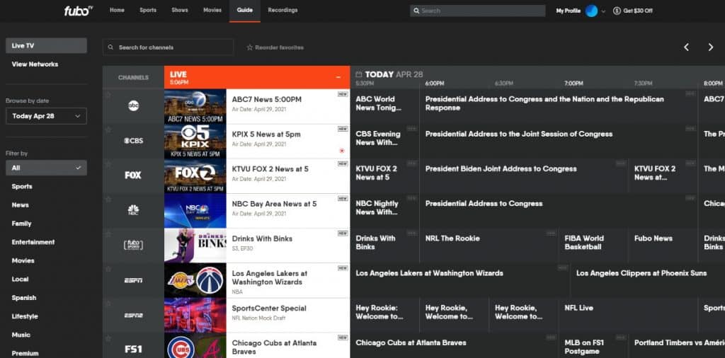 FuboTV Guide tab