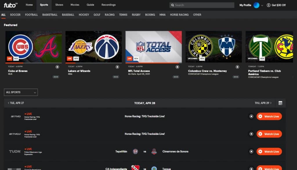 FuboTV Sports Tab with major events in sports