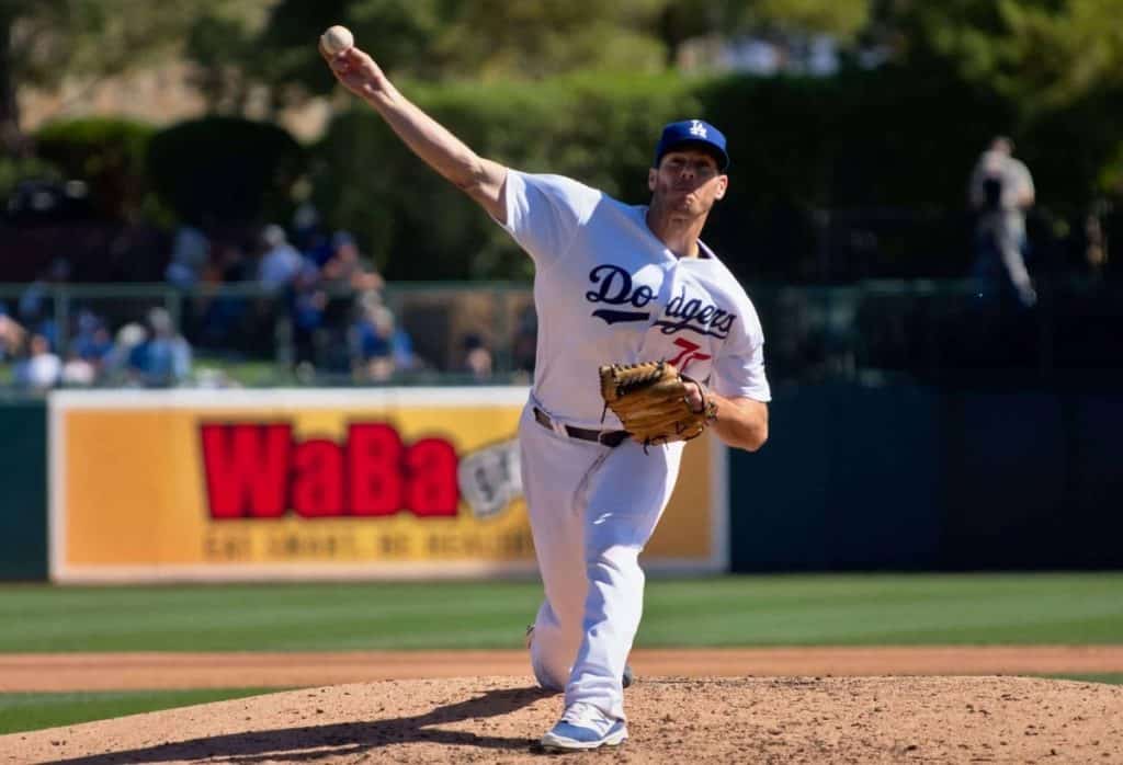 Josh Ravin pitching for the Los Angeles Dodgers in 2017 Spring Training