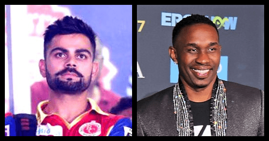 Virat Kohli (left) and Dwayne Bravo, the record-holders for most runs and most wickets taken in IPL history, respectively.