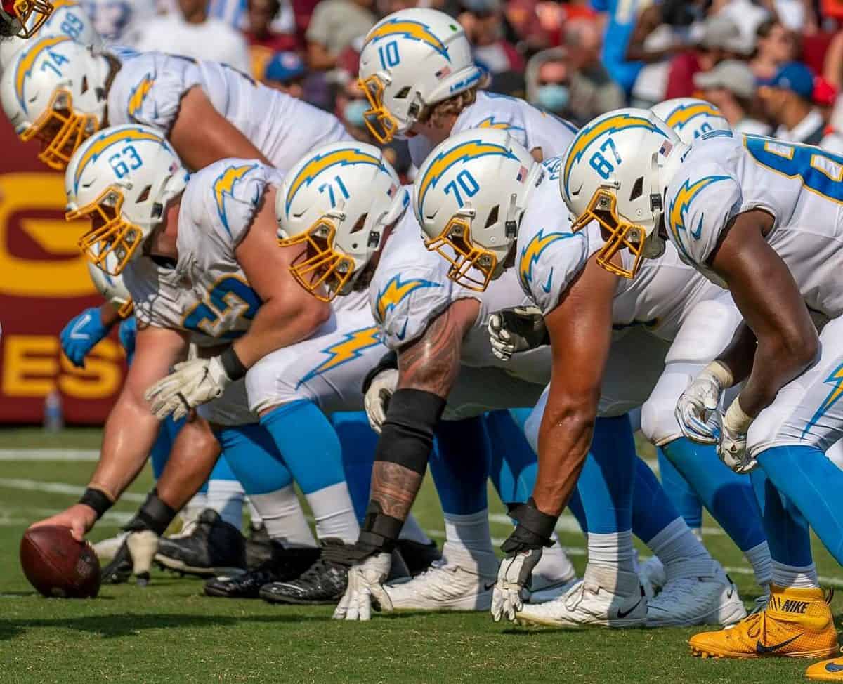 Los Angeles Chargers players during their game against Washington Commanders in 2021.