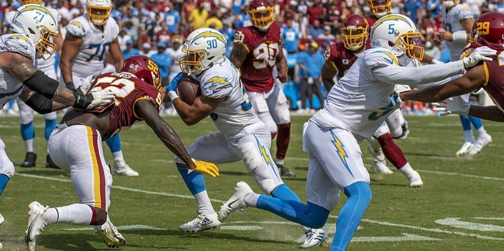 The Los Angeles Chargers in action against the Washington Commanders in 2021.