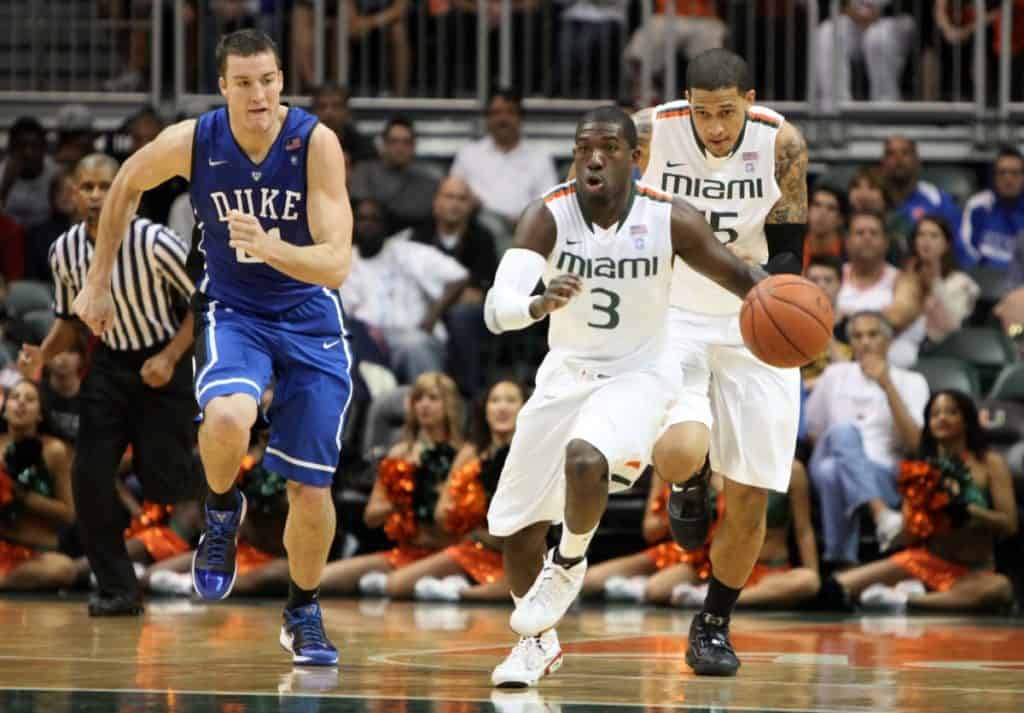 Miami Hurricanes guard Malcolm Grant (3) drives the ball during the game between Miami and Duke at Bank United Center in Coral Gables