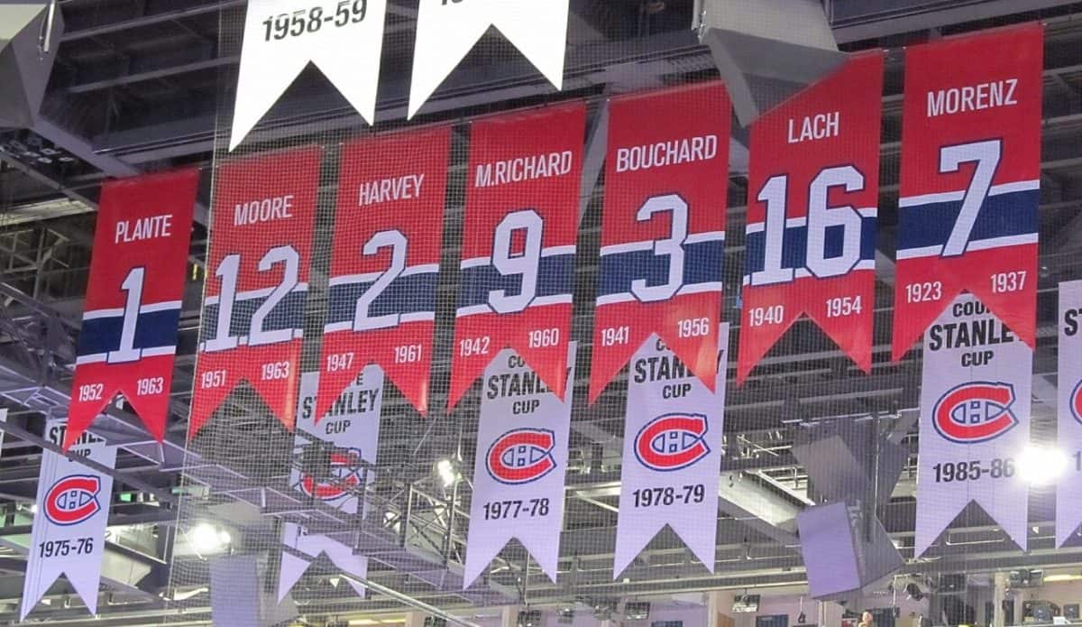Some of the retired Montreal Canadiens numbers at Bell Centre, photographed in 2010