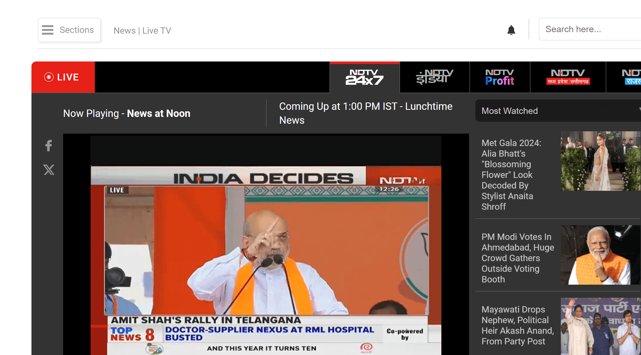 NDTV 24x7's live TV stream on their website