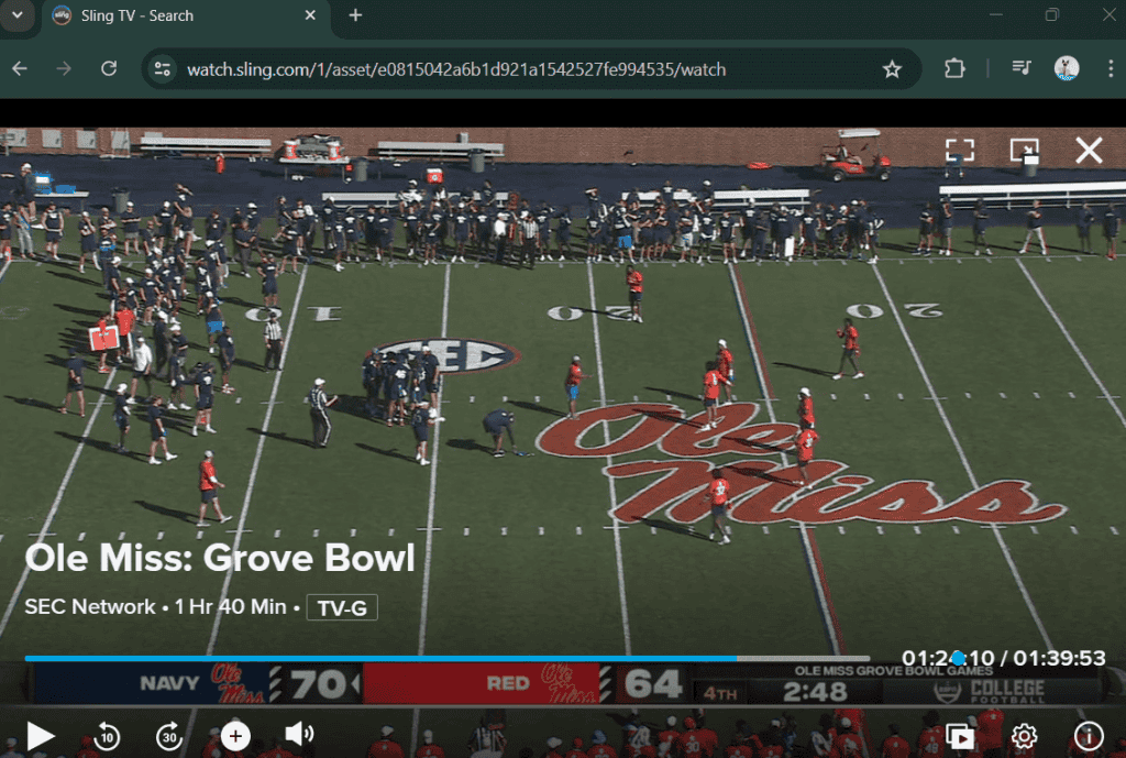 Screenshot of Ole Miss Grove Bowl 2024 streaming on SEC Network through Sling TV