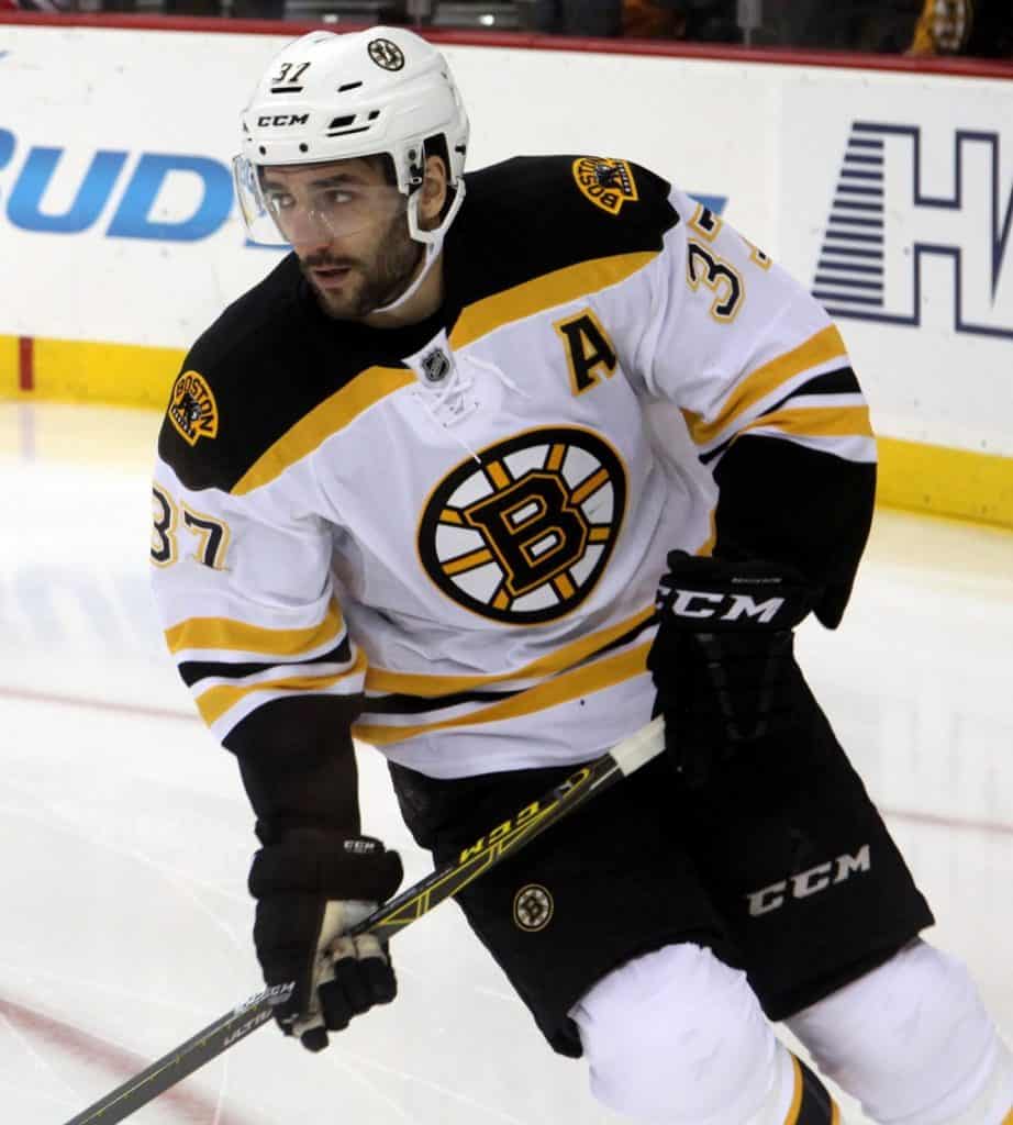 Patrice Bergeron, Team Captain of the Boston Bruins, the team favored to dominate the NHL Playoffs and win the Stanley Cup