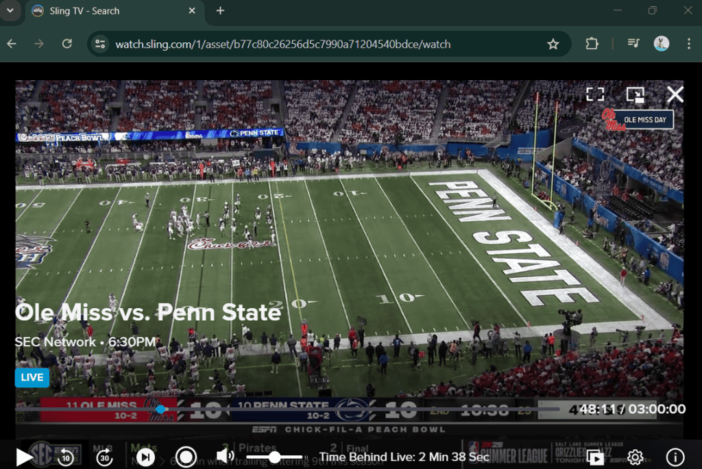Penn State game vs Ole Miss during Chick-fil-A Peach Bowl on SEC Network on Sling