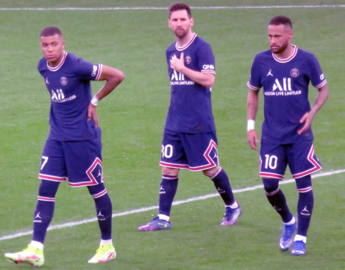 Kylian Mbappé, Lionel Messi, and Neymar of PSG