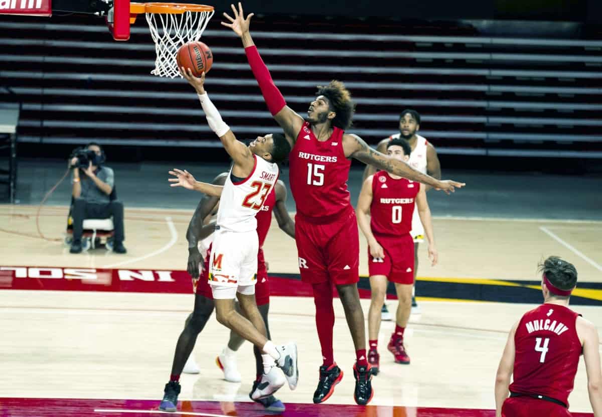 Maryland's Aquan Smart attempts to lay the ball over the Rutgers defense at Xfinity Center, December 14th, 2020