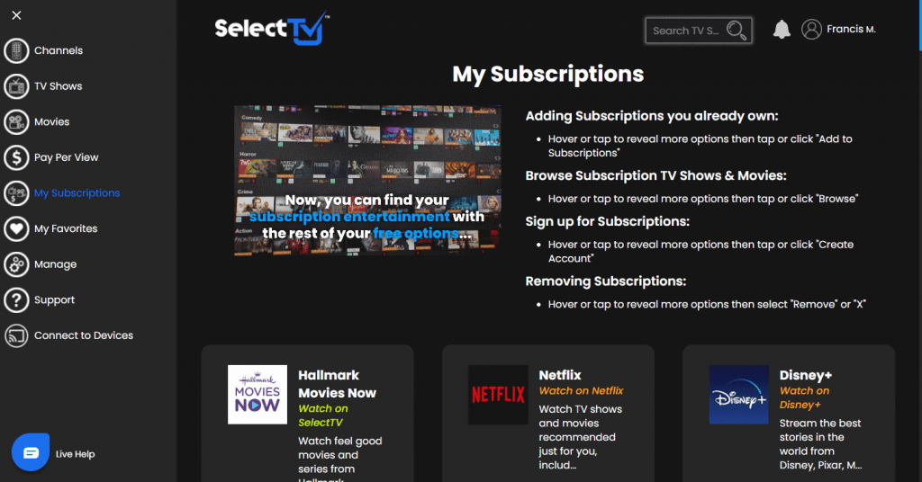 SelectTV My Subscriptions