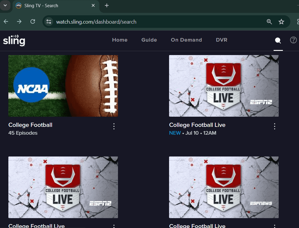 NCAA College Football channel menu on Sling TV