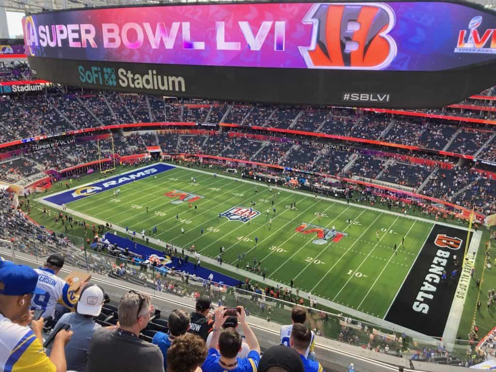 SoFi Stadium interior, pregame warm-up before Super Bowl LVI