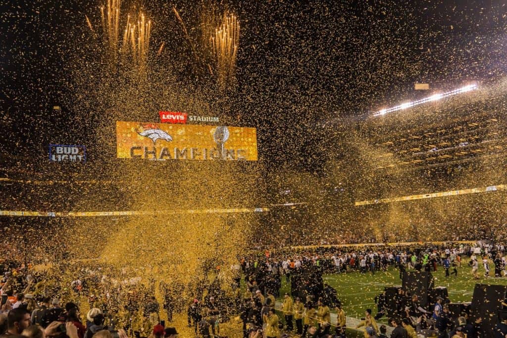 Postgame victory confetti at Levi's Stadium after the Denver Broncos won Super Bowl 50 -- February 7, 2016