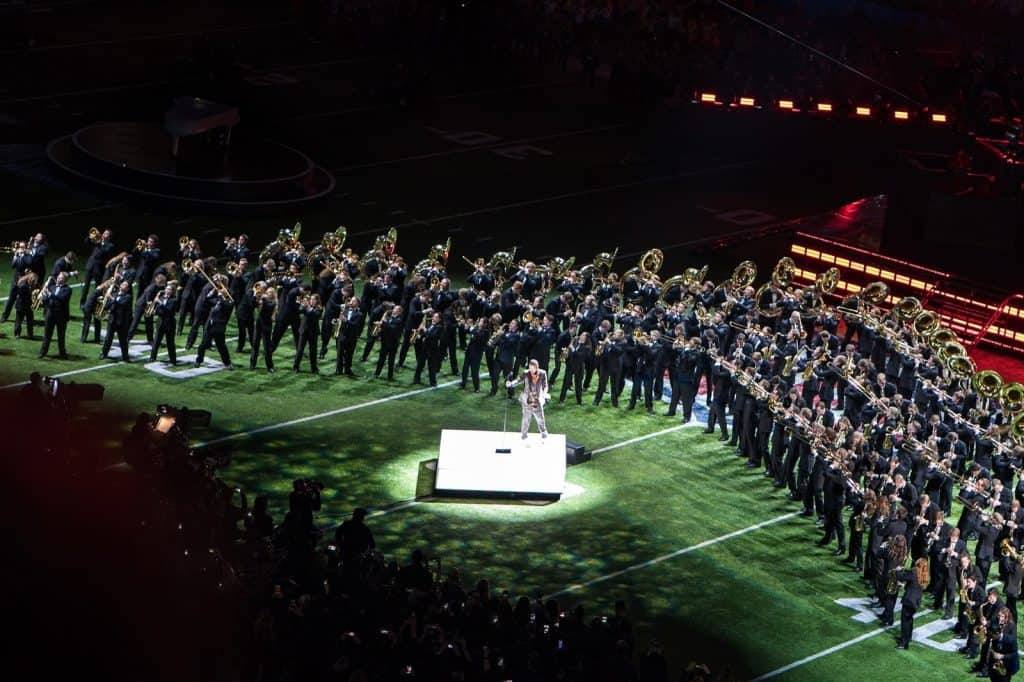 Justin Timberlake performs at Super Bowl LII with the University of Minnesota Marching Band - February 4, 2018, U.S. Bank Stadium, Minneapolis, Minnesota