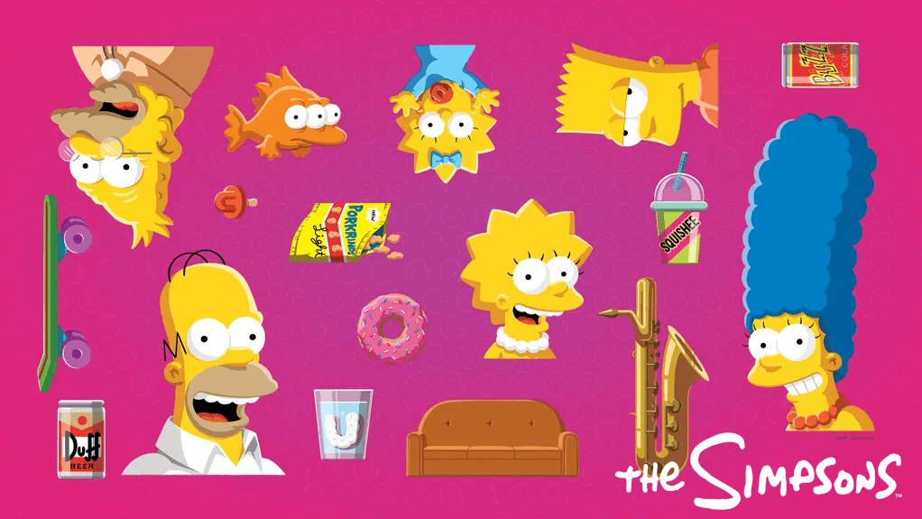 The Simpsons on Fox -- the Simpson family members are shown surrounded by random artifacts from the show