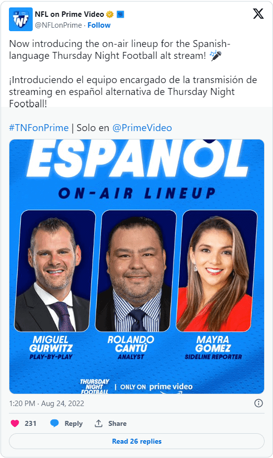 Thursday Night Football in Spanish - Twitter