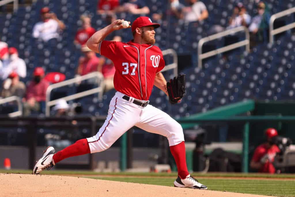 Stephen Strasburg pitching in the first inning from the Washington Nationals vs Atlanta Braves at Nationals Park  April 7th 2021